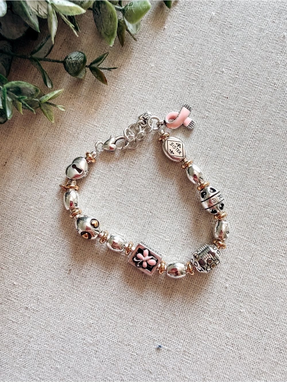 Brighton Sister Charm Bracelet Pink Ribbon Flower Heart Two Tone